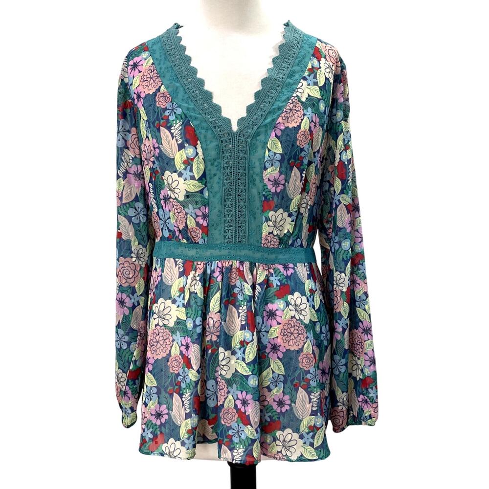 Matilda Jane Size L Tunic Top Kookaburra Floral Crochet Lace Festival Boho Teal